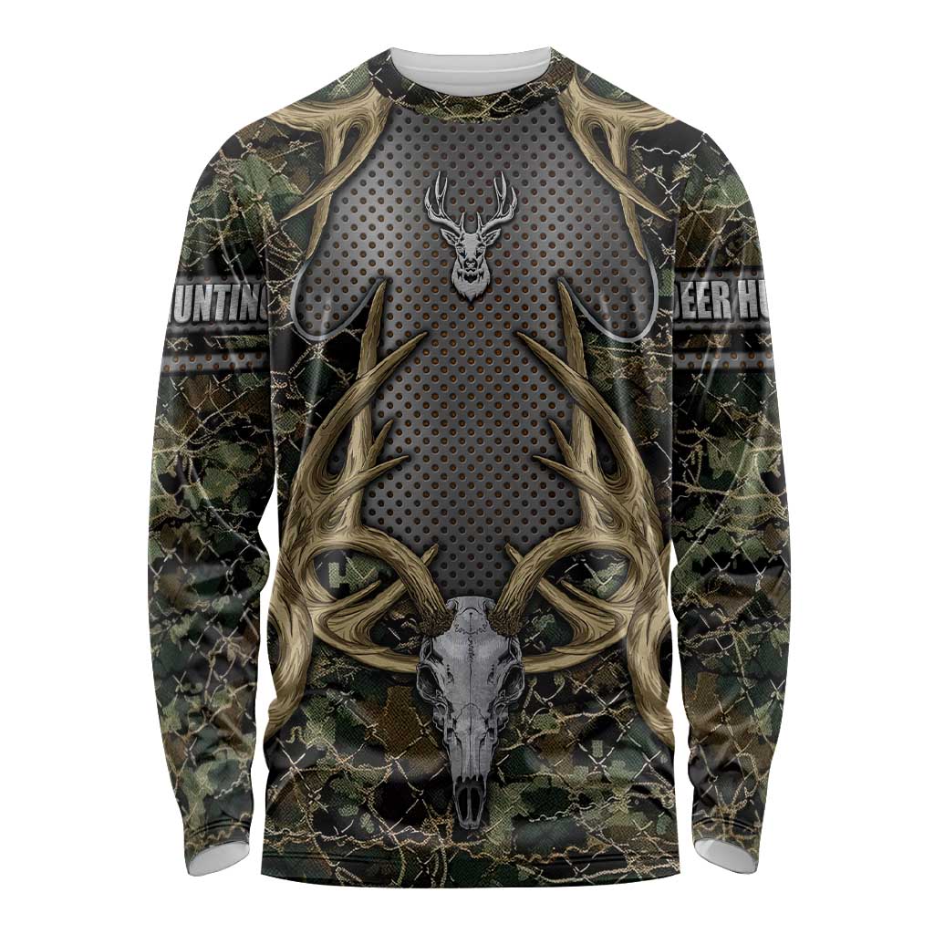 Skull Deer Hunting Camouflage Pattern Long Sleeve Shirt Rustic Hunting Metal Mesh Background Art - Wonder Print Shop