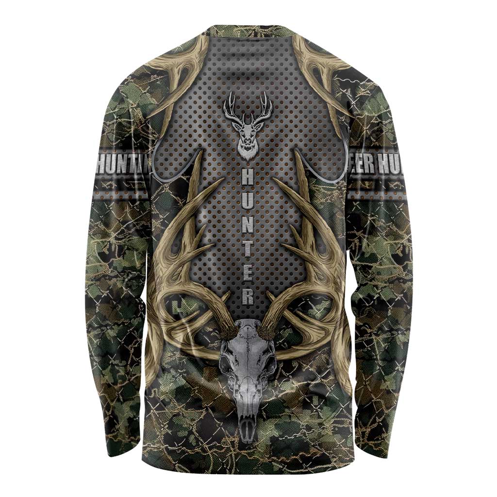 Skull Deer Hunting Camouflage Pattern Long Sleeve Shirt Rustic Hunting Metal Mesh Background Art - Wonder Print Shop