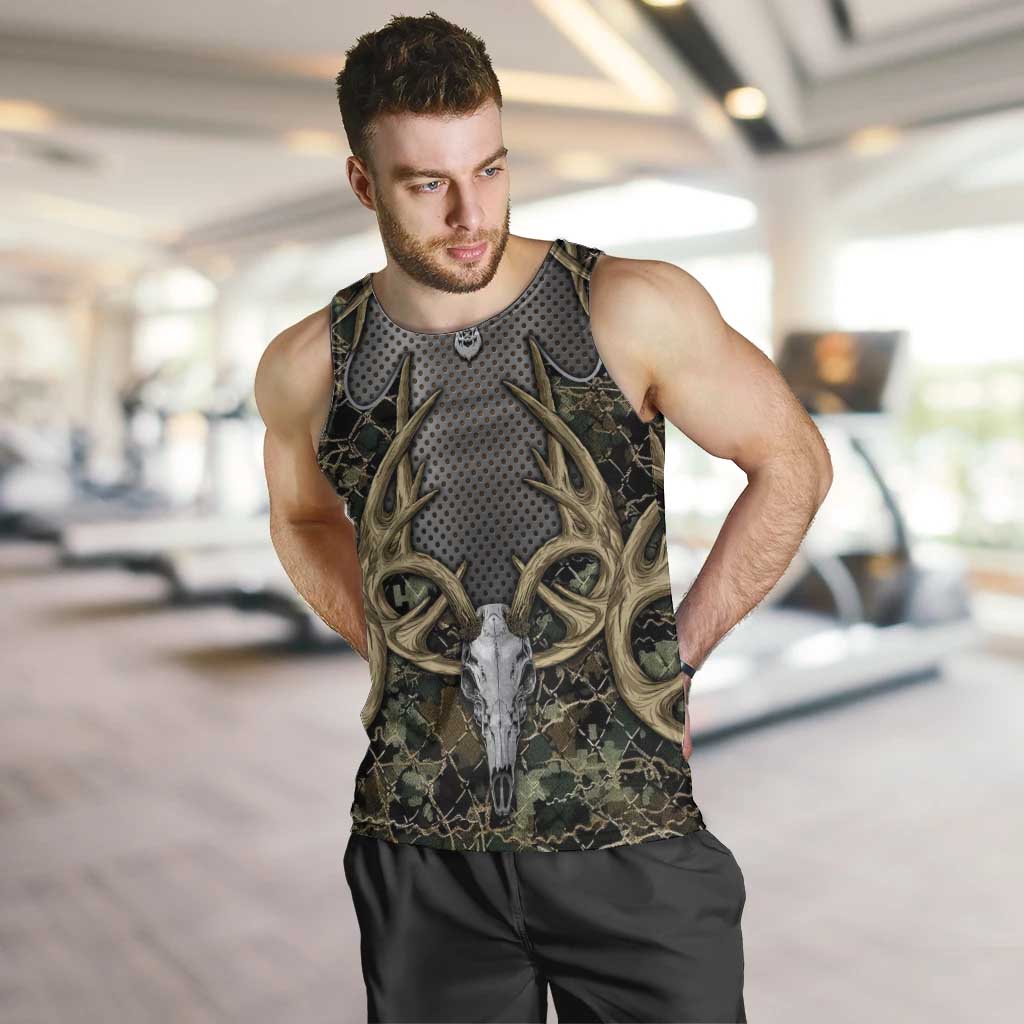 Skull Deer Hunting Camouflage Pattern Men Tank Top Rustic Hunting Metal Mesh Background Art - Wonder Print Shop