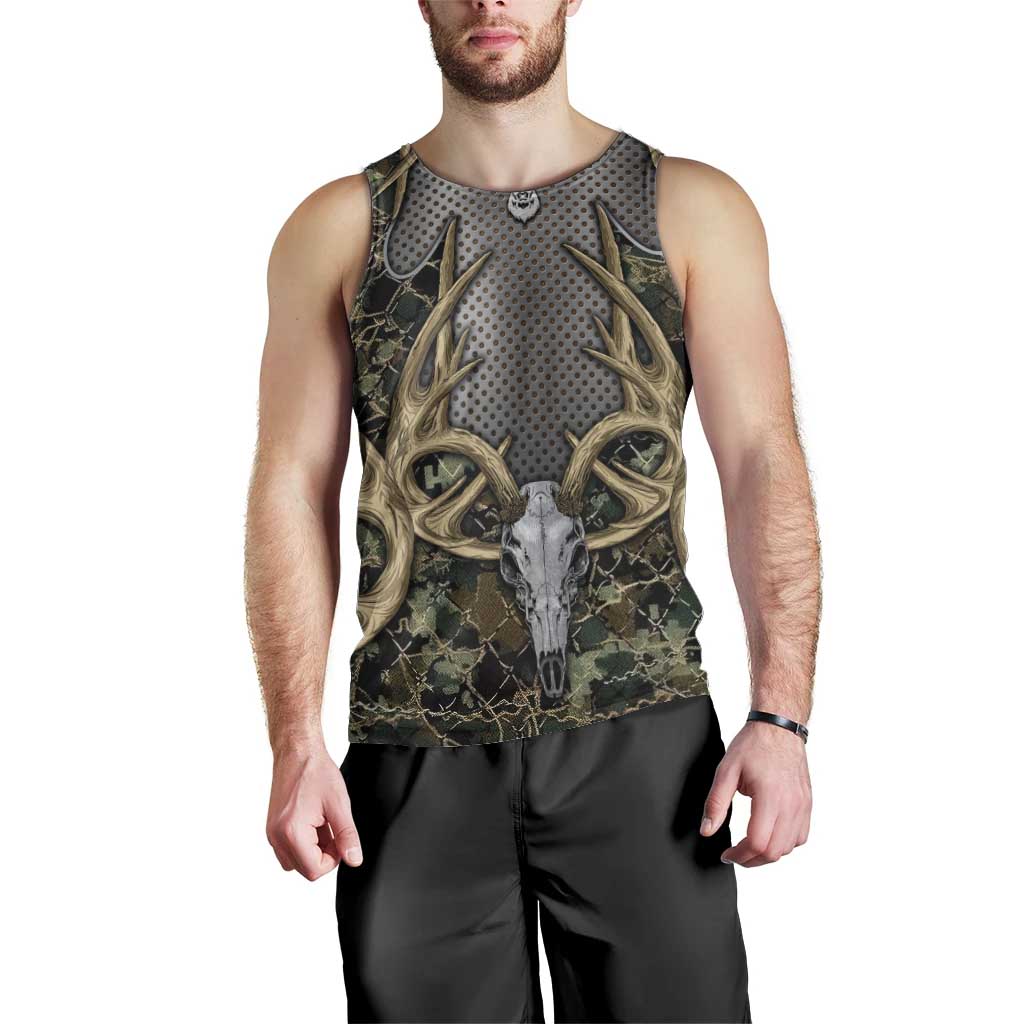 Skull Deer Hunting Camouflage Pattern Men Tank Top Rustic Hunting Metal Mesh Background Art - Wonder Print Shop