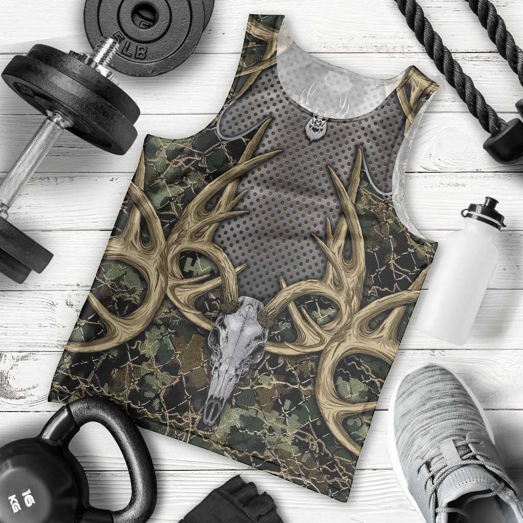 Skull Deer Hunting Camouflage Pattern Men Tank Top Rustic Hunting Metal Mesh Background Art - Wonder Print Shop