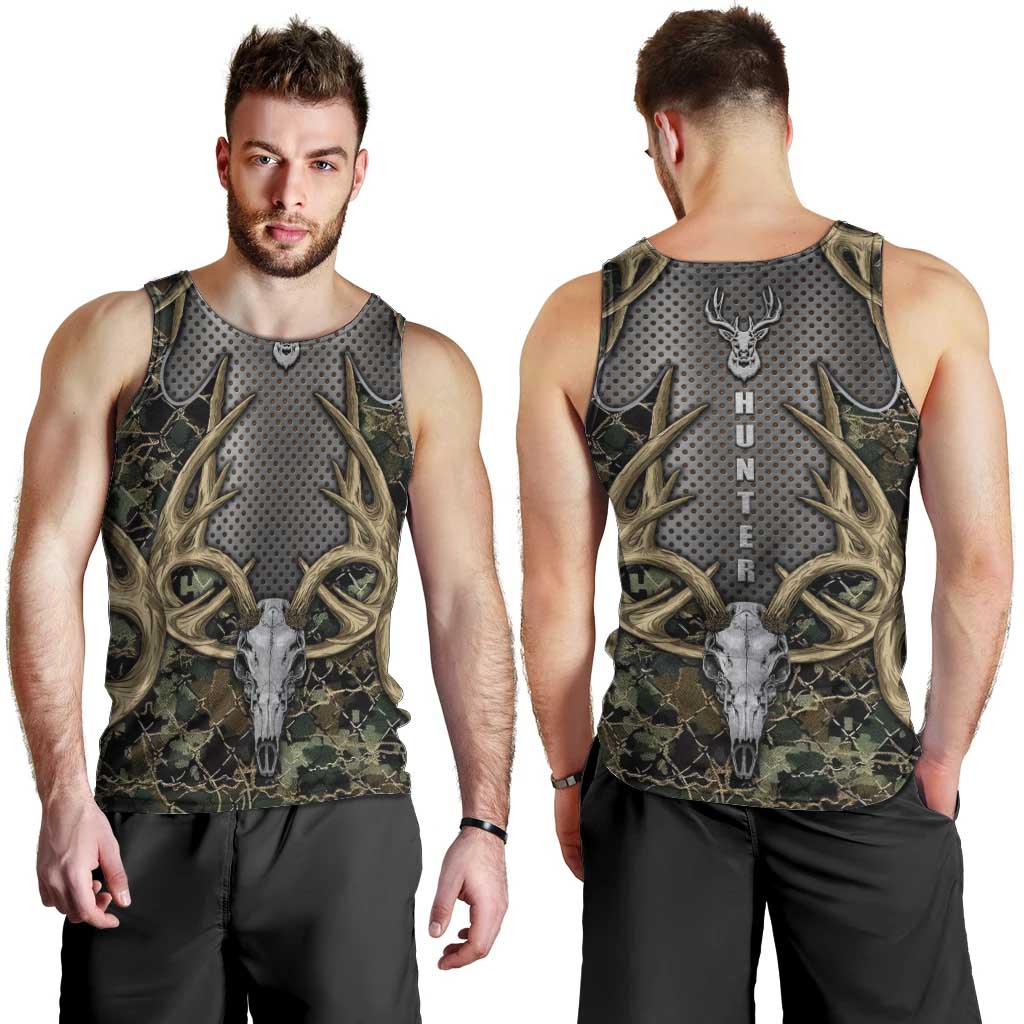 Skull Deer Hunting Camouflage Pattern Men Tank Top Rustic Hunting Metal Mesh Background Art - Wonder Print Shop