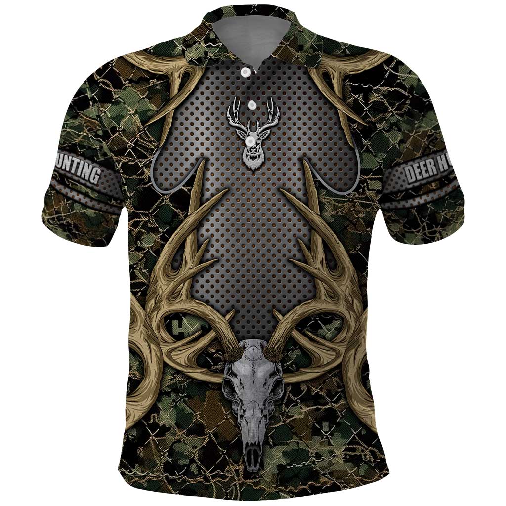Skull Deer Hunting Camouflage Pattern Polo Shirt Rustic Hunting Metal Mesh Background Art - Wonder Print Shop
