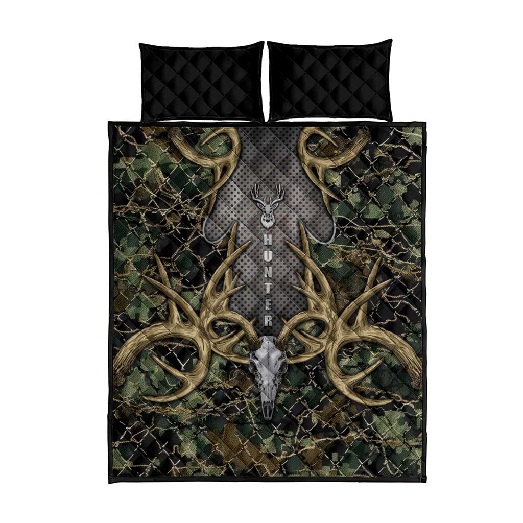 Skull Deer Hunting Camouflage Pattern Quilt Bed Set Rustic Hunting Metal Mesh Background Art - Wonder Print Shop