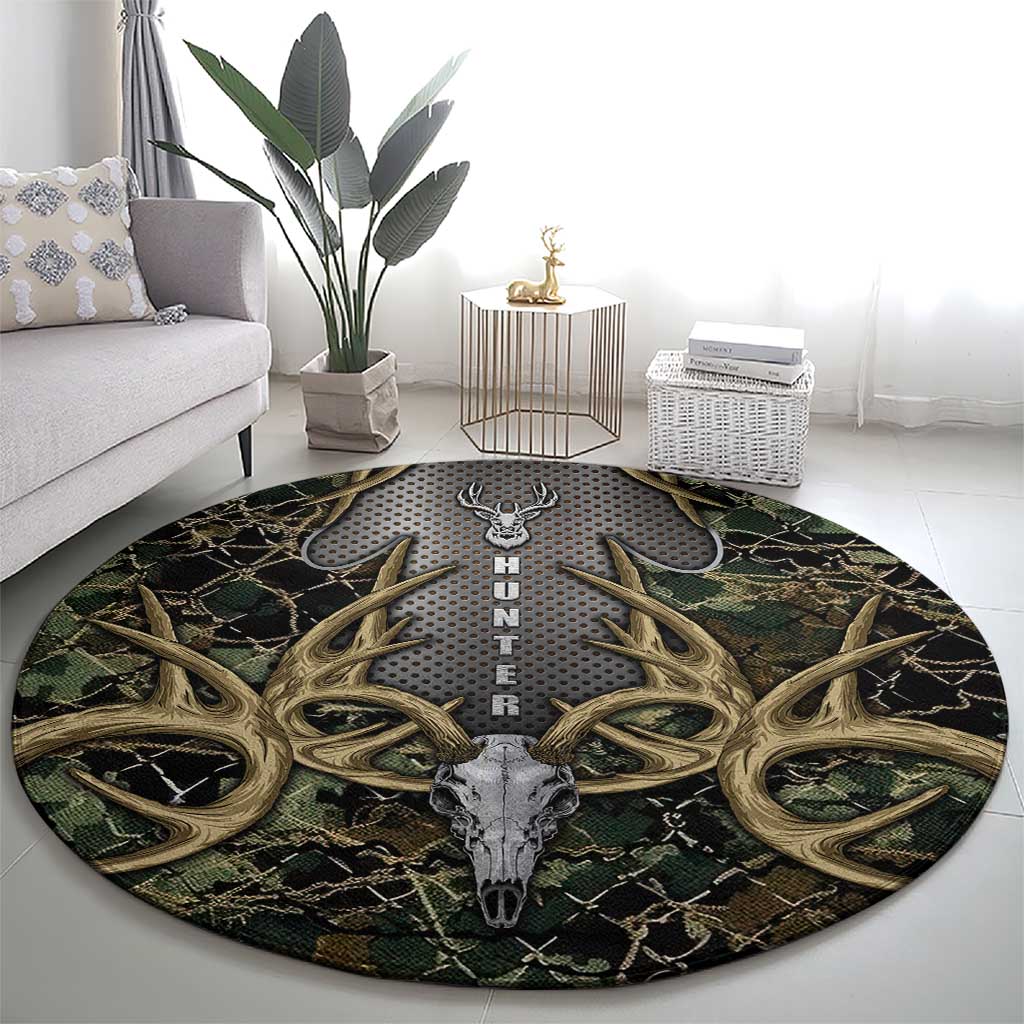 Skull Deer Hunting Camouflage Pattern Round Carpet Rustic Hunting Metal Mesh Background Art - Wonder Print Shop