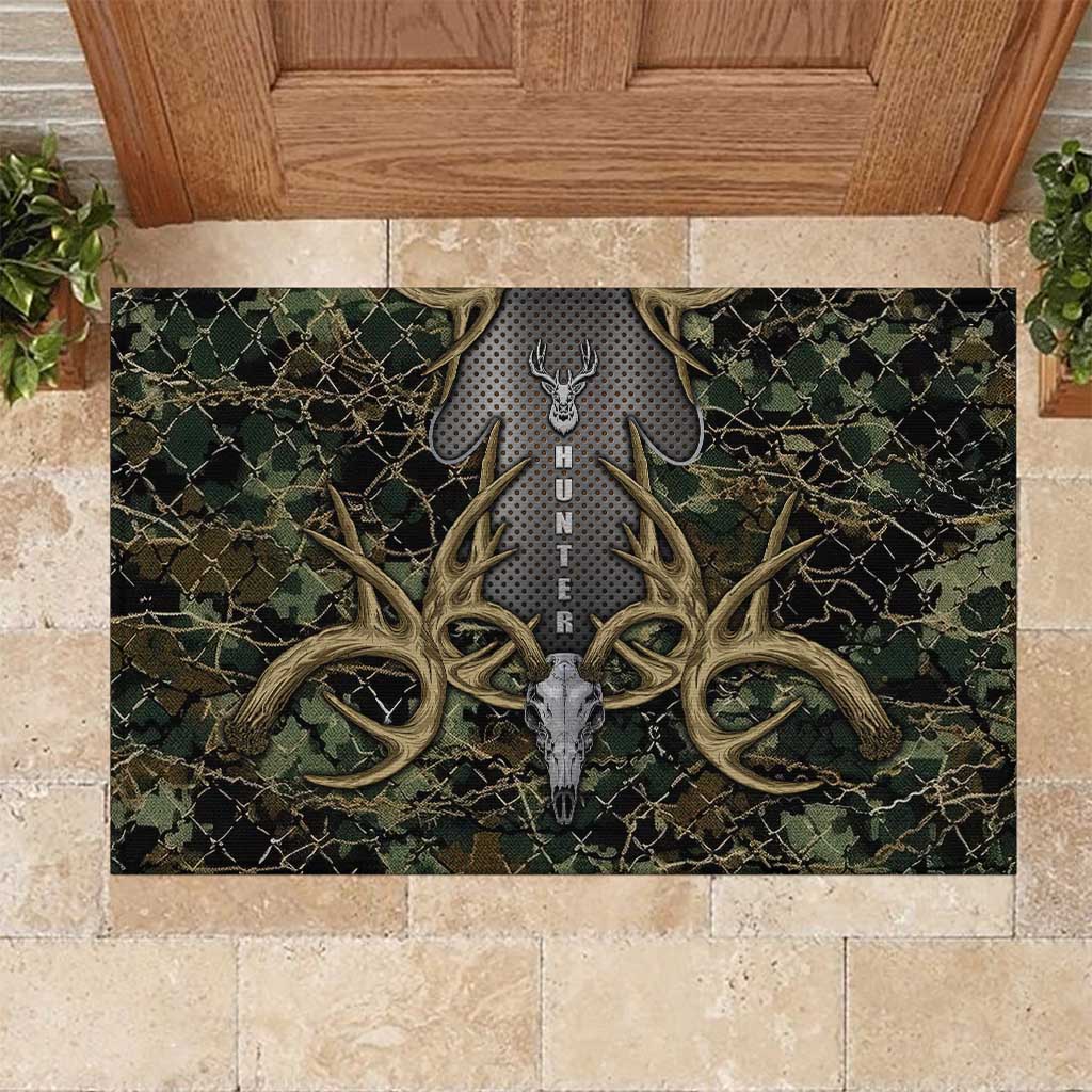 Skull Deer Hunting Camouflage Pattern Rubber Doormat Rustic Hunting Metal Mesh Background Art - Wonder Print Shop