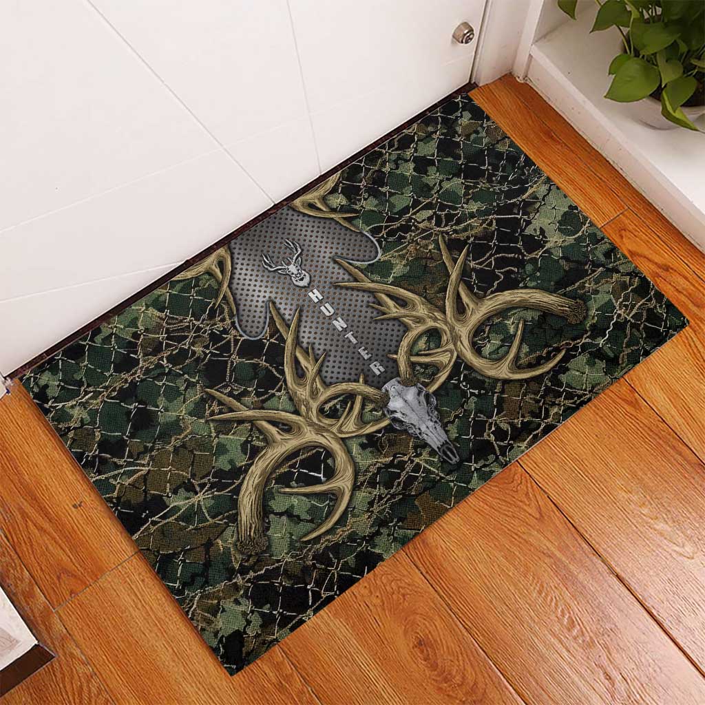 Skull Deer Hunting Camouflage Pattern Rubber Doormat Rustic Hunting Metal Mesh Background Art - Wonder Print Shop