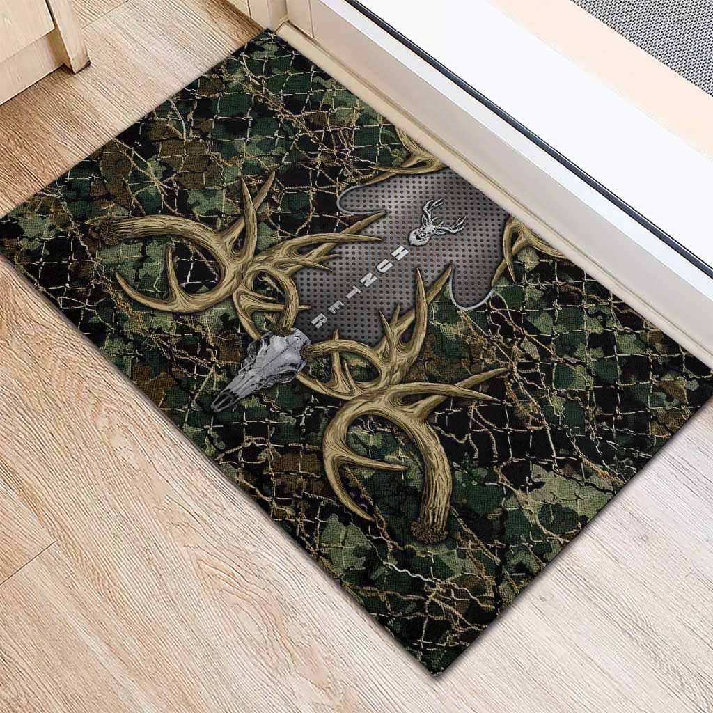 Skull Deer Hunting Camouflage Pattern Rubber Doormat Rustic Hunting Metal Mesh Background Art - Wonder Print Shop
