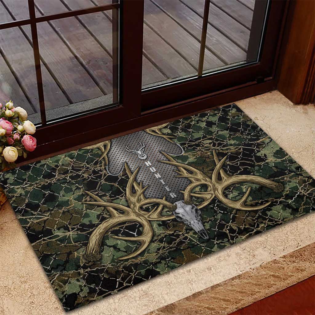Skull Deer Hunting Camouflage Pattern Rubber Doormat Rustic Hunting Metal Mesh Background Art - Wonder Print Shop