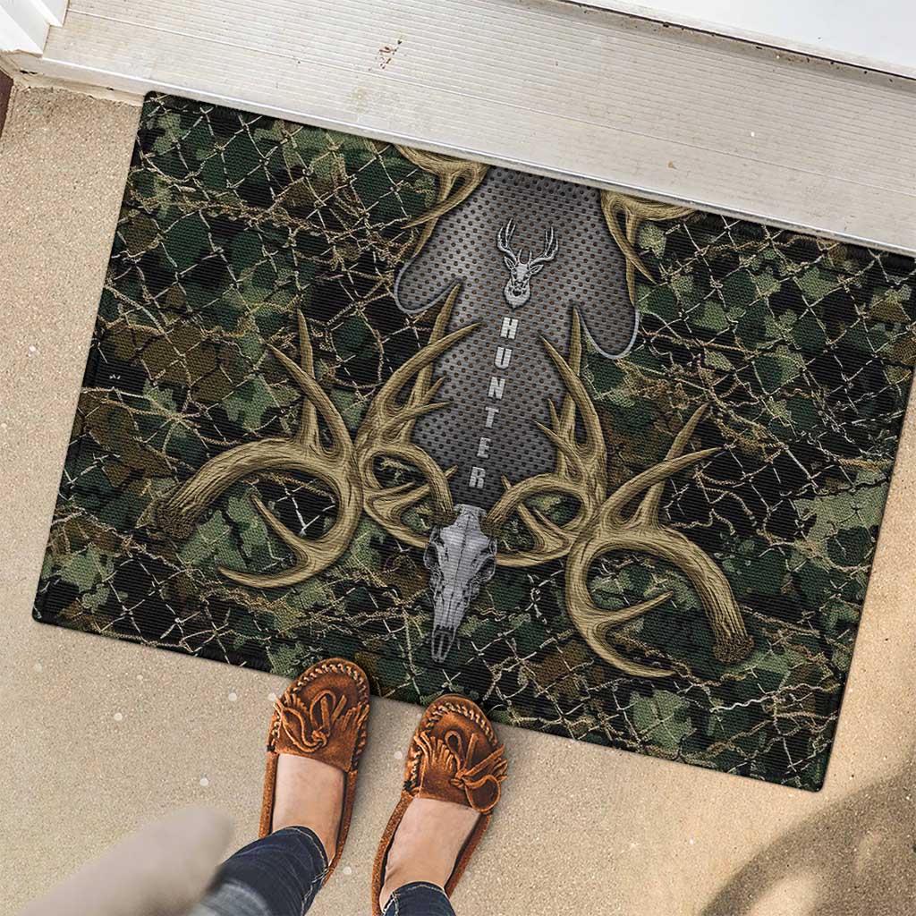 Skull Deer Hunting Camouflage Pattern Rubber Doormat Rustic Hunting Metal Mesh Background Art - Wonder Print Shop