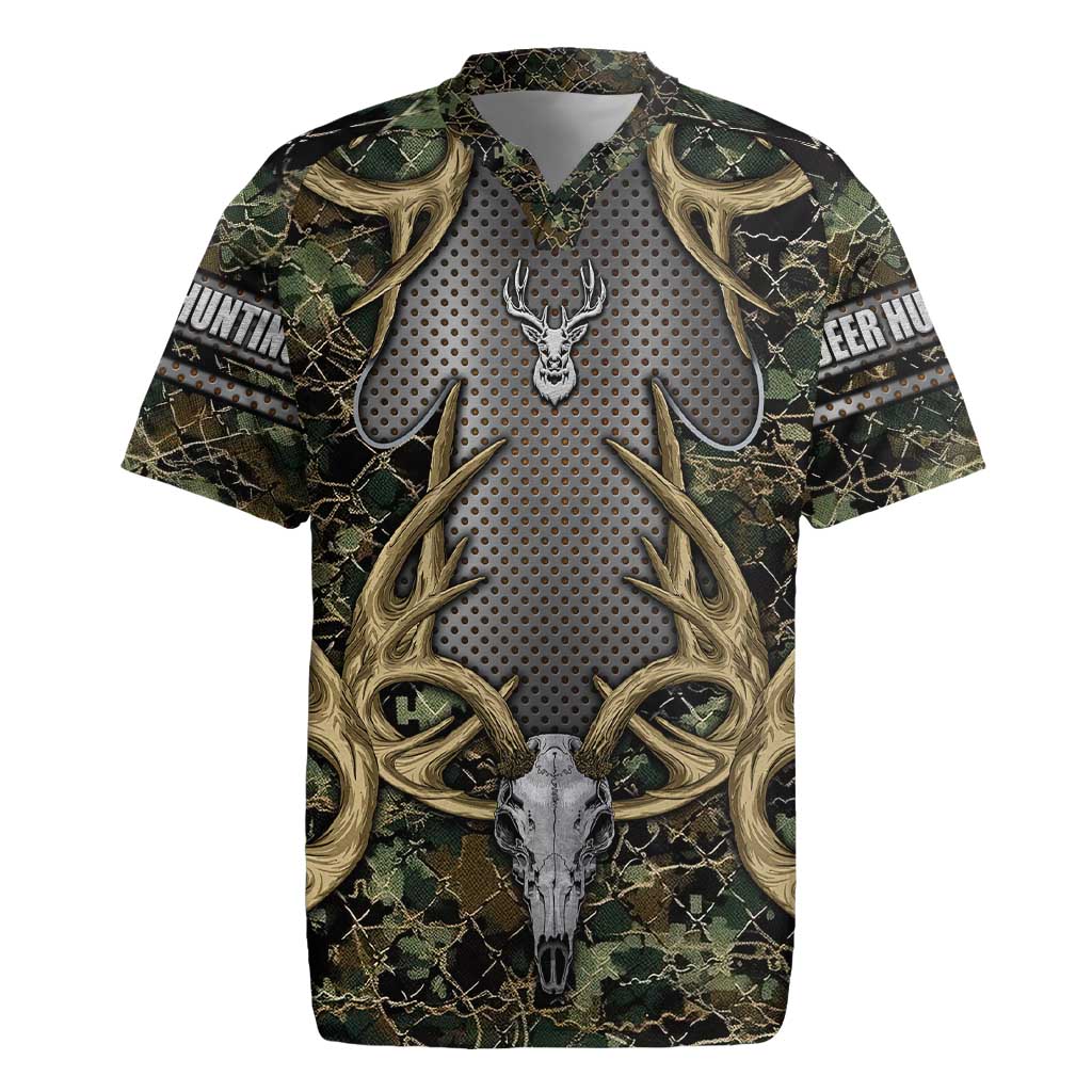 Skull Deer Hunting Camouflage Pattern Rugby Jersey Rustic Hunting Metal Mesh Background Art - Wonder Print Shop