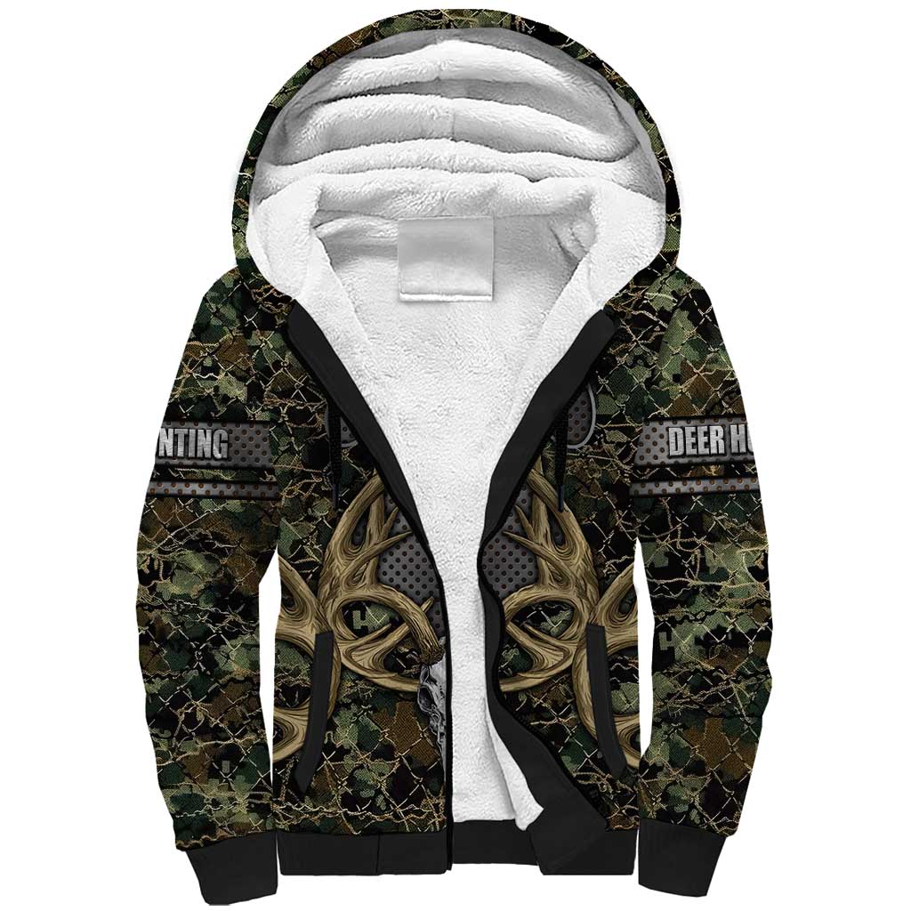 Skull Deer Hunting Camouflage Pattern Sherpa Hoodie Rustic Hunting Metal Mesh Background Art - Wonder Print Shop
