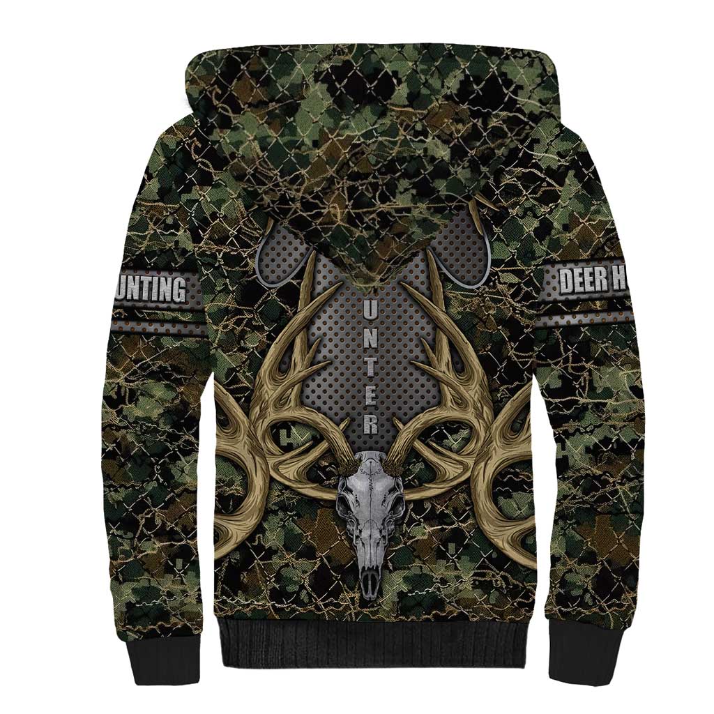 Skull Deer Hunting Camouflage Pattern Sherpa Hoodie Rustic Hunting Metal Mesh Background Art - Wonder Print Shop