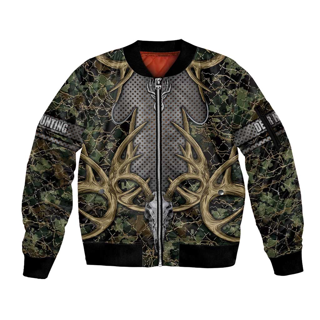 Skull Deer Hunting Camouflage Pattern Sleeve Zip Bomber Jacket Rustic Hunting Metal Mesh Background Art - Wonder Print Shop