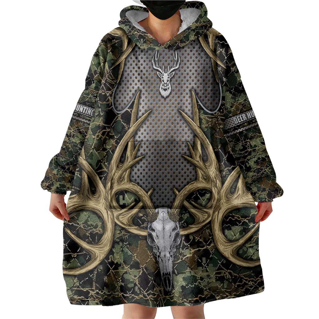 Skull Deer Hunting Camouflage Pattern Wearable Blanket Hoodie Rustic Hunting Metal Mesh Background Art - Wonder Print Shop