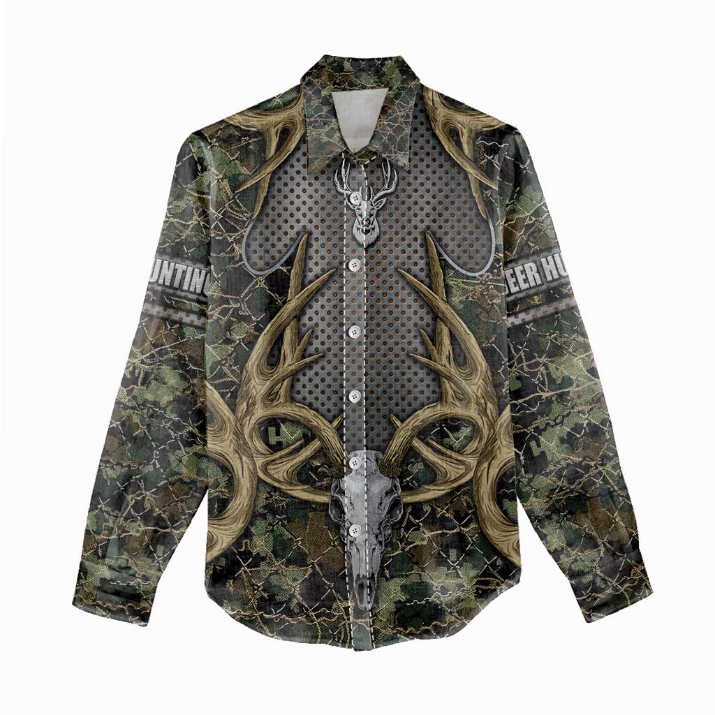 Skull Deer Hunting Camouflage Pattern Women Casual Shirt Rustic Hunting Metal Mesh Background Art - Wonder Print Shop