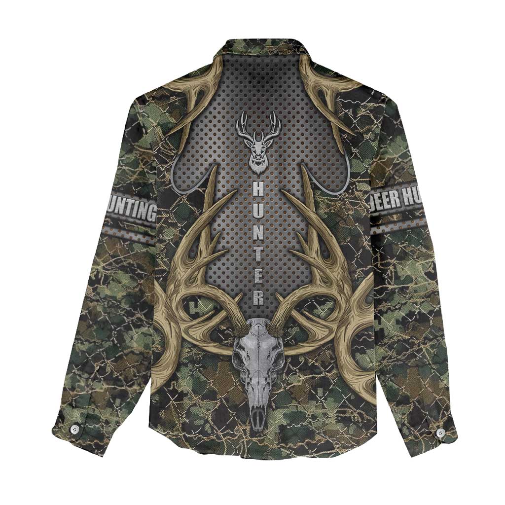 Skull Deer Hunting Camouflage Pattern Women Casual Shirt Rustic Hunting Metal Mesh Background Art - Wonder Print Shop