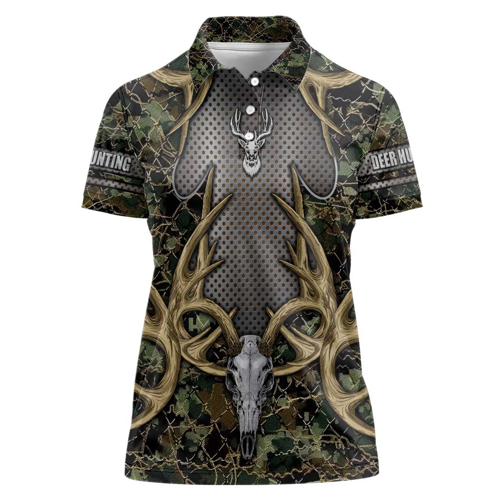 Skull Deer Hunting Camouflage Pattern Women Polo Shirt Rustic Hunting Metal Mesh Background Art - Wonder Print Shop
