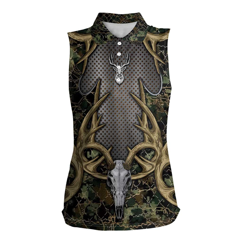 Skull Deer Hunting Camouflage Pattern Women Sleeveless Polo Shirt Rustic Hunting Metal Mesh Background Art - Wonder Print Shop