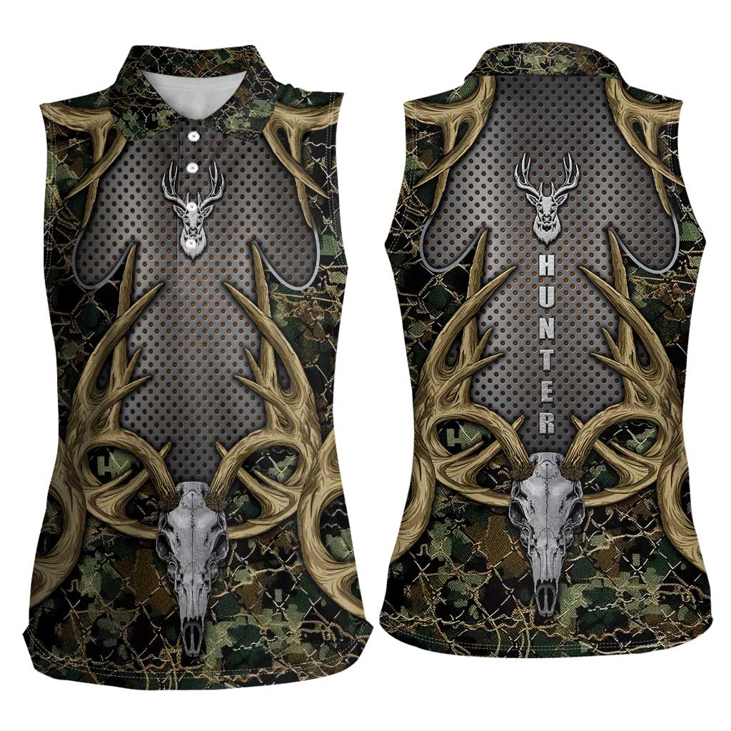 Skull Deer Hunting Camouflage Pattern Women Sleeveless Polo Shirt Rustic Hunting Metal Mesh Background Art - Wonder Print Shop
