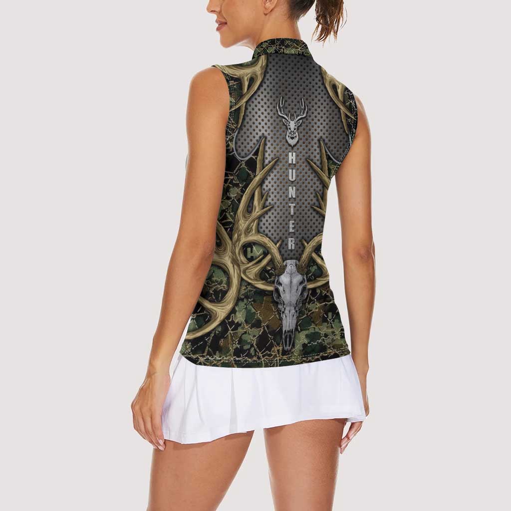Skull Deer Hunting Camouflage Pattern Women Sleeveless Polo Shirt Rustic Hunting Metal Mesh Background Art - Wonder Print Shop