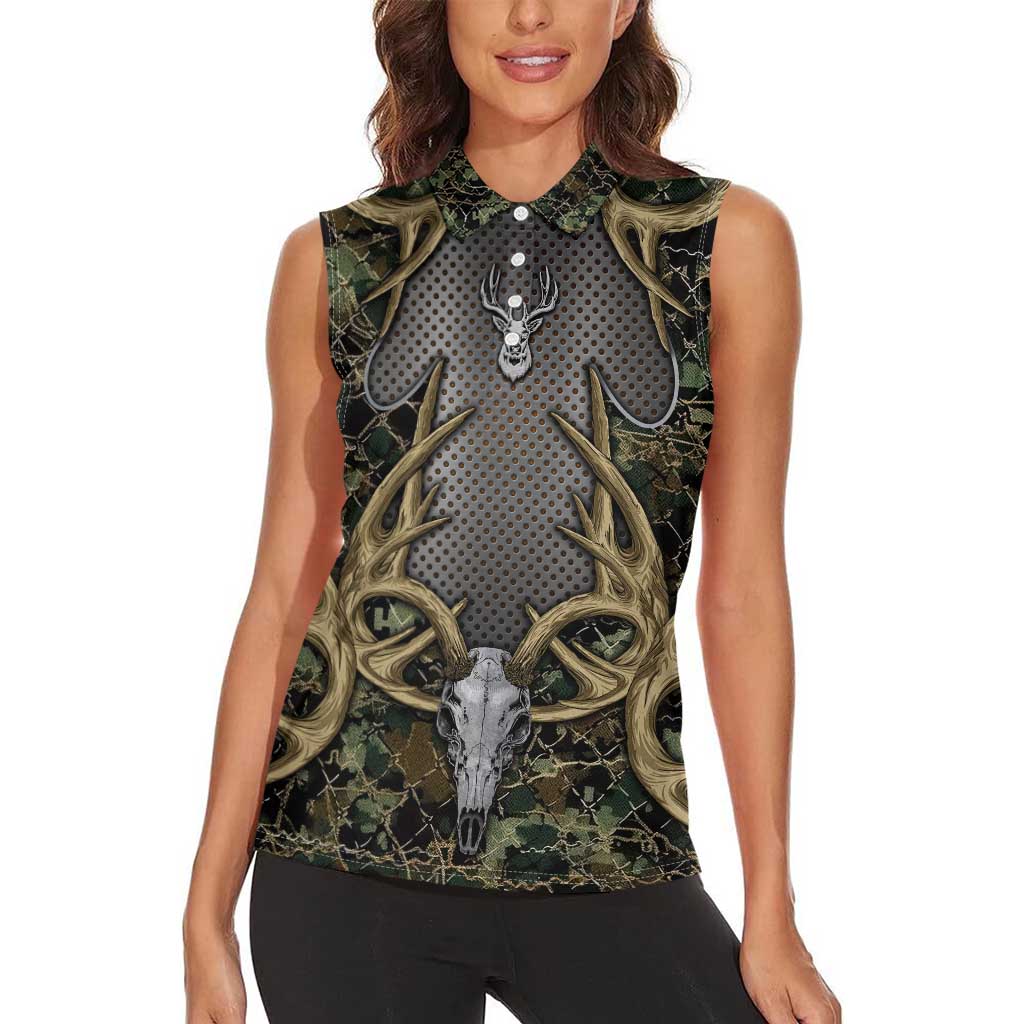 Skull Deer Hunting Camouflage Pattern Women Sleeveless Polo Shirt Rustic Hunting Metal Mesh Background Art - Wonder Print Shop