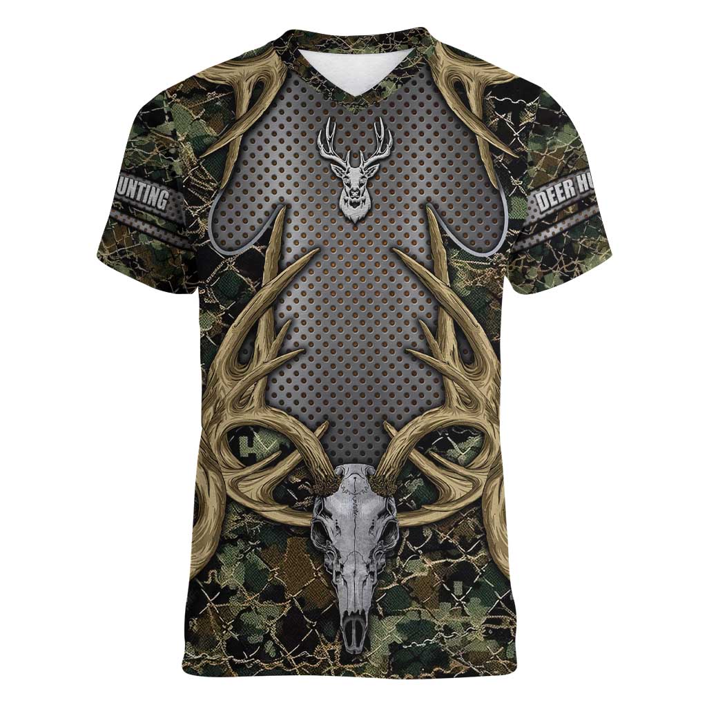 Skull Deer Hunting Camouflage Pattern Women V-Neck T-Shirt Rustic Hunting Metal Mesh Background Art - Wonder Print Shop