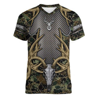 Skull Deer Hunting Camouflage Pattern Women V-Neck T-Shirt Rustic Hunting Metal Mesh Background Art - Wonder Print Shop