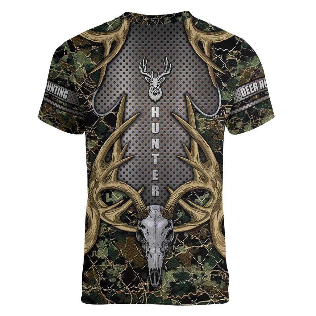 Skull Deer Hunting Camouflage Pattern Women V-Neck T-Shirt Rustic Hunting Metal Mesh Background Art - Wonder Print Shop