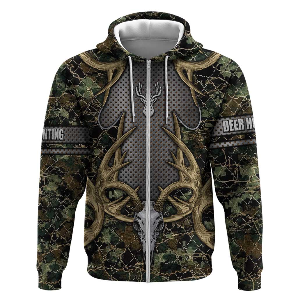 Skull Deer Hunting Camouflage Pattern Zip Hoodie Rustic Hunting Metal Mesh Background Art - Wonder Print Shop