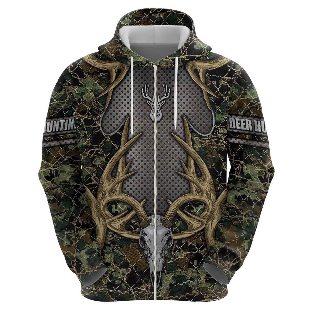 Skull Deer Hunting Camouflage Pattern Zip Hoodie Rustic Hunting Metal Mesh Background Art - Wonder Print Shop