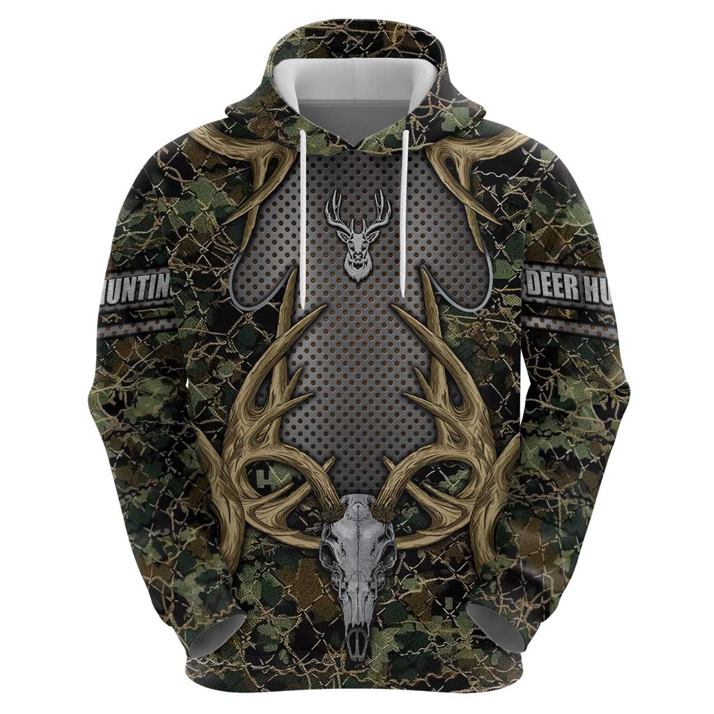 Skull Deer Hunting Camouflage Pattern Zip Hoodie Rustic Hunting Metal Mesh Background Art - Wonder Print Shop