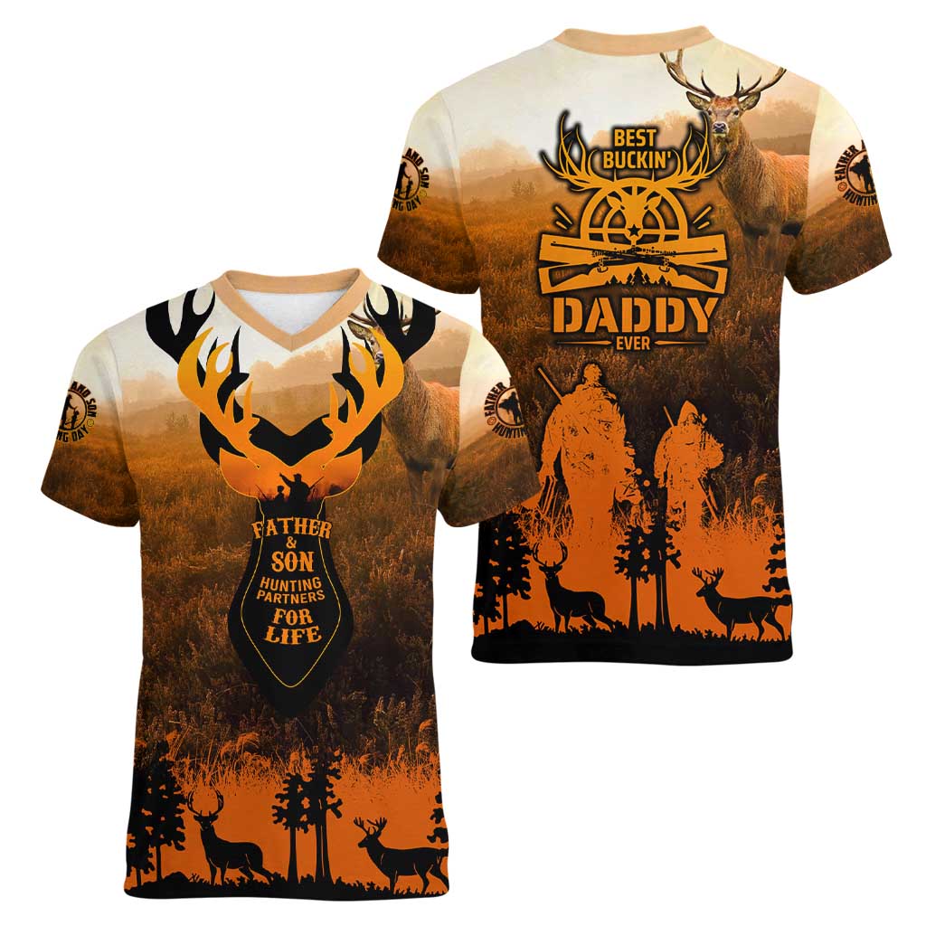 Father And Son Deer Hunting Women V-Neck T-Shirt Best Buckin Daddy Ever - Wonder Print Shop