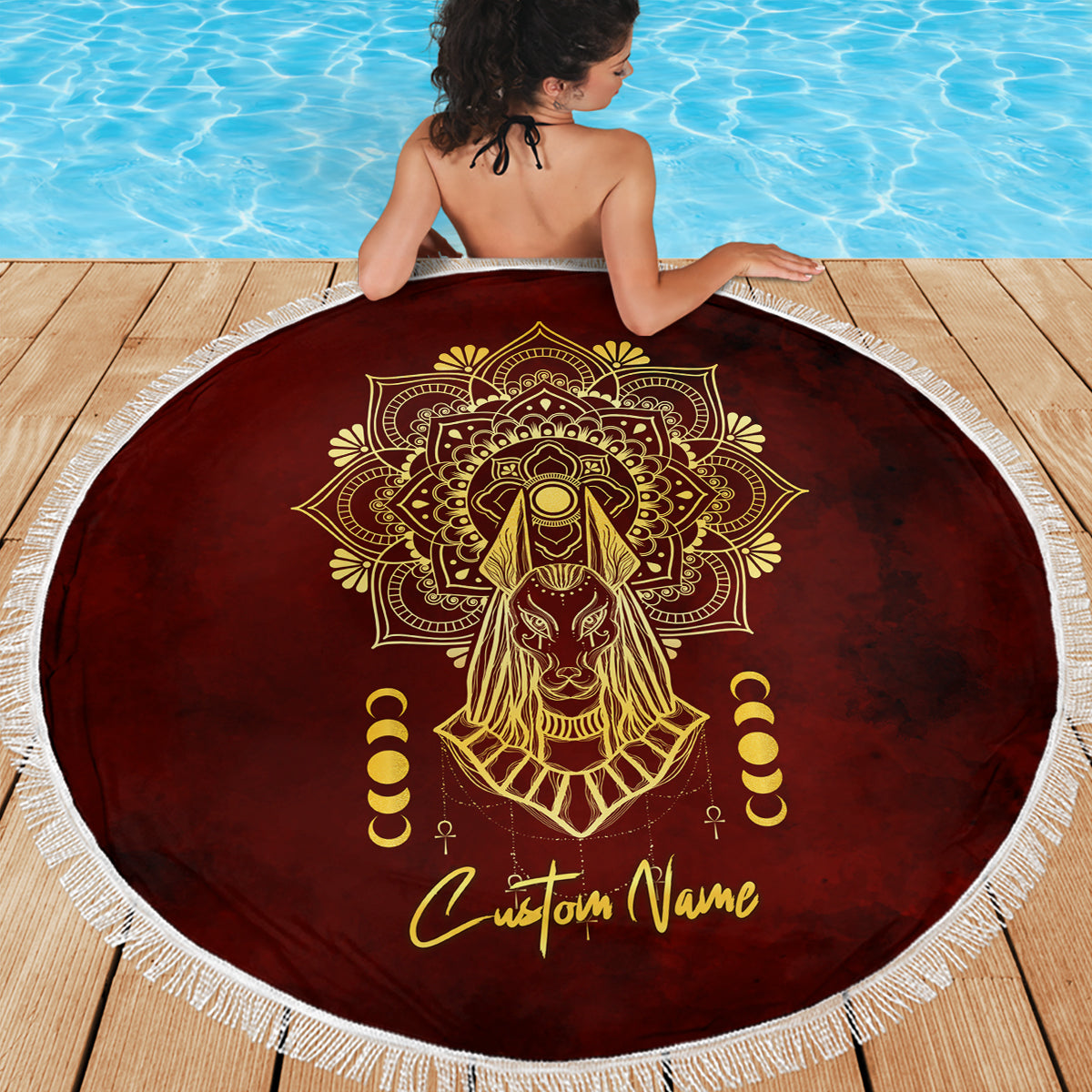 Personalized Anubis Beach Blanket Ancient Egyptian Pattern In Red - Wonder Print Shop