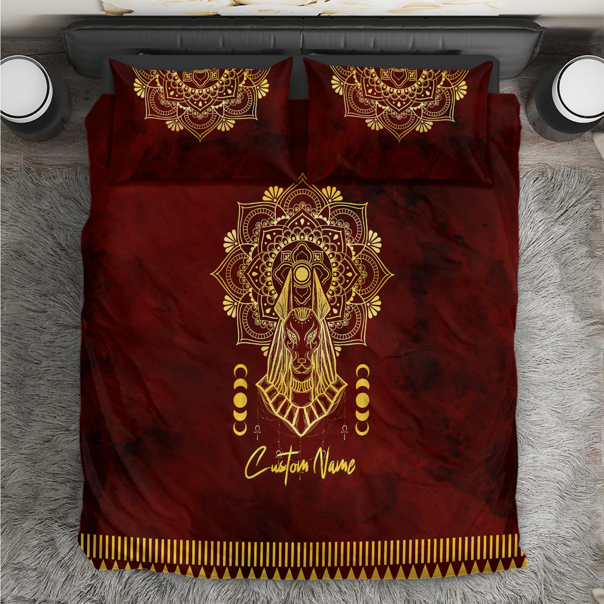 Personalized Anubis Bedding Set Ancient Egyptian Pattern In Red