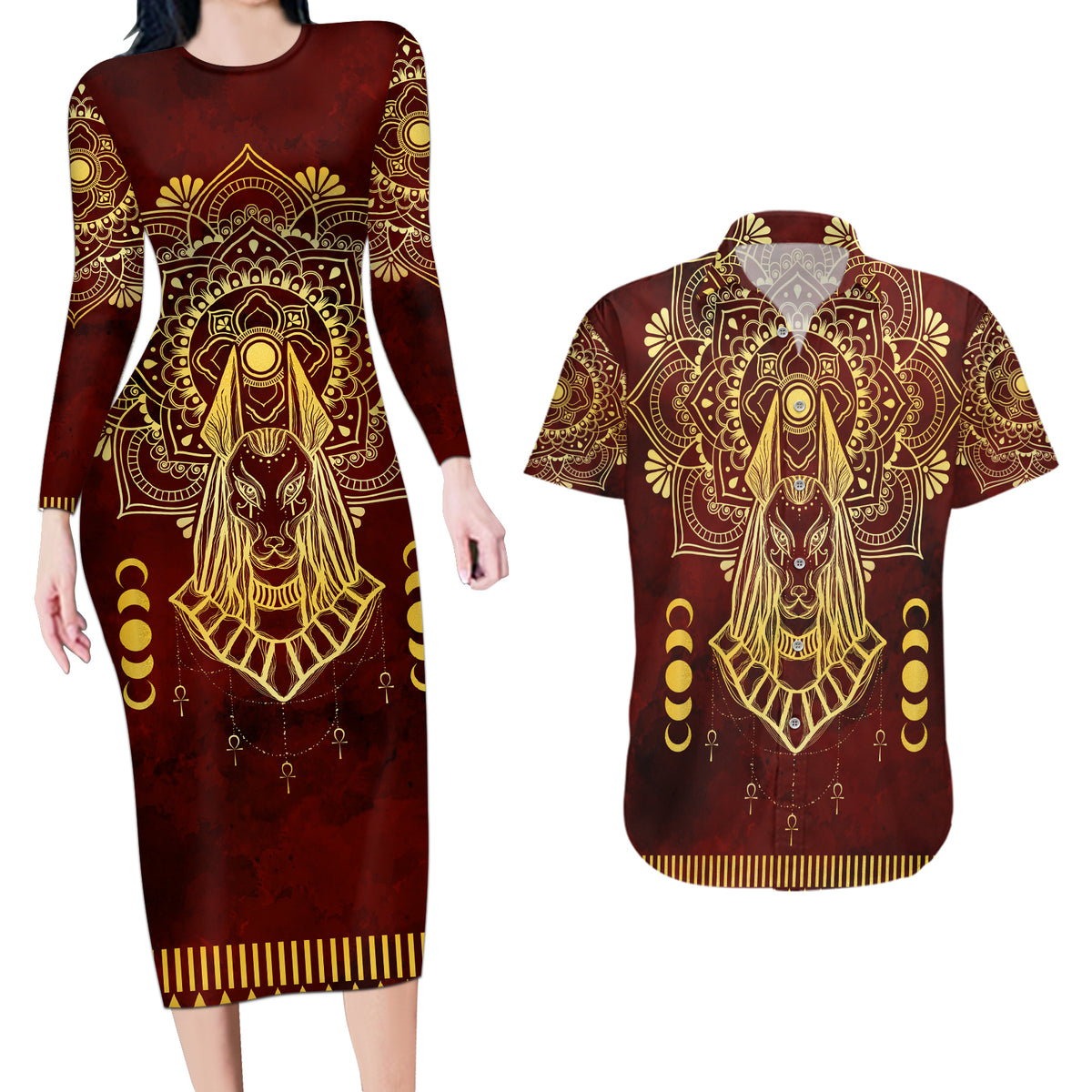 Personalized Anubis Couples Matching Long Sleeve Bodycon Dress and Hawaiian Shirt Ancient Egyptian Pattern In Red - Wonder Print Shop