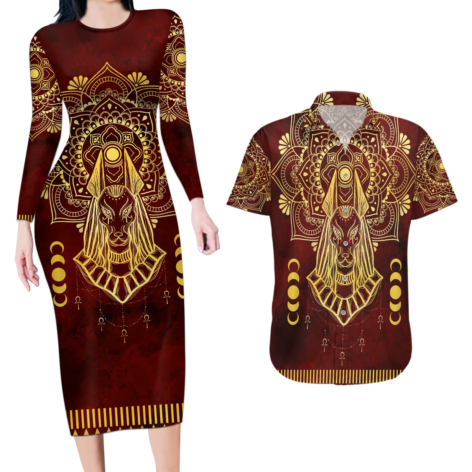 Personalized Anubis Couples Matching Long Sleeve Bodycon Dress and Hawaiian Shirt Ancient Egyptian Pattern In Red