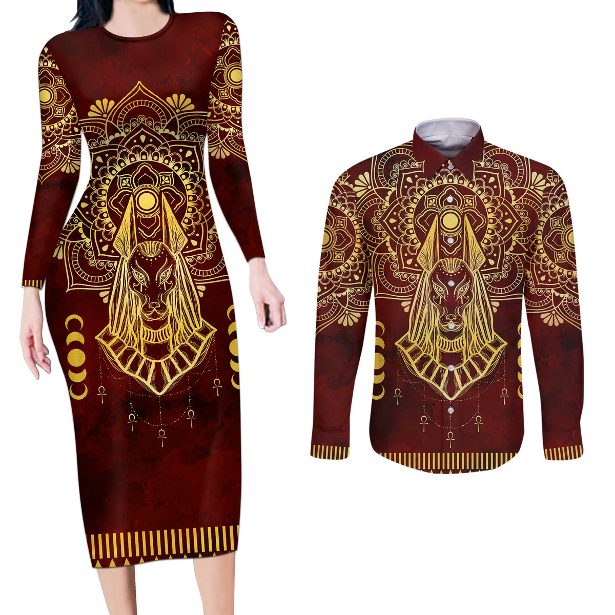 Personalized Anubis Couples Matching Long Sleeve Bodycon Dress and Long Sleeve Button Shirt Ancient Egyptian Pattern In Red - Wonder Print Shop
