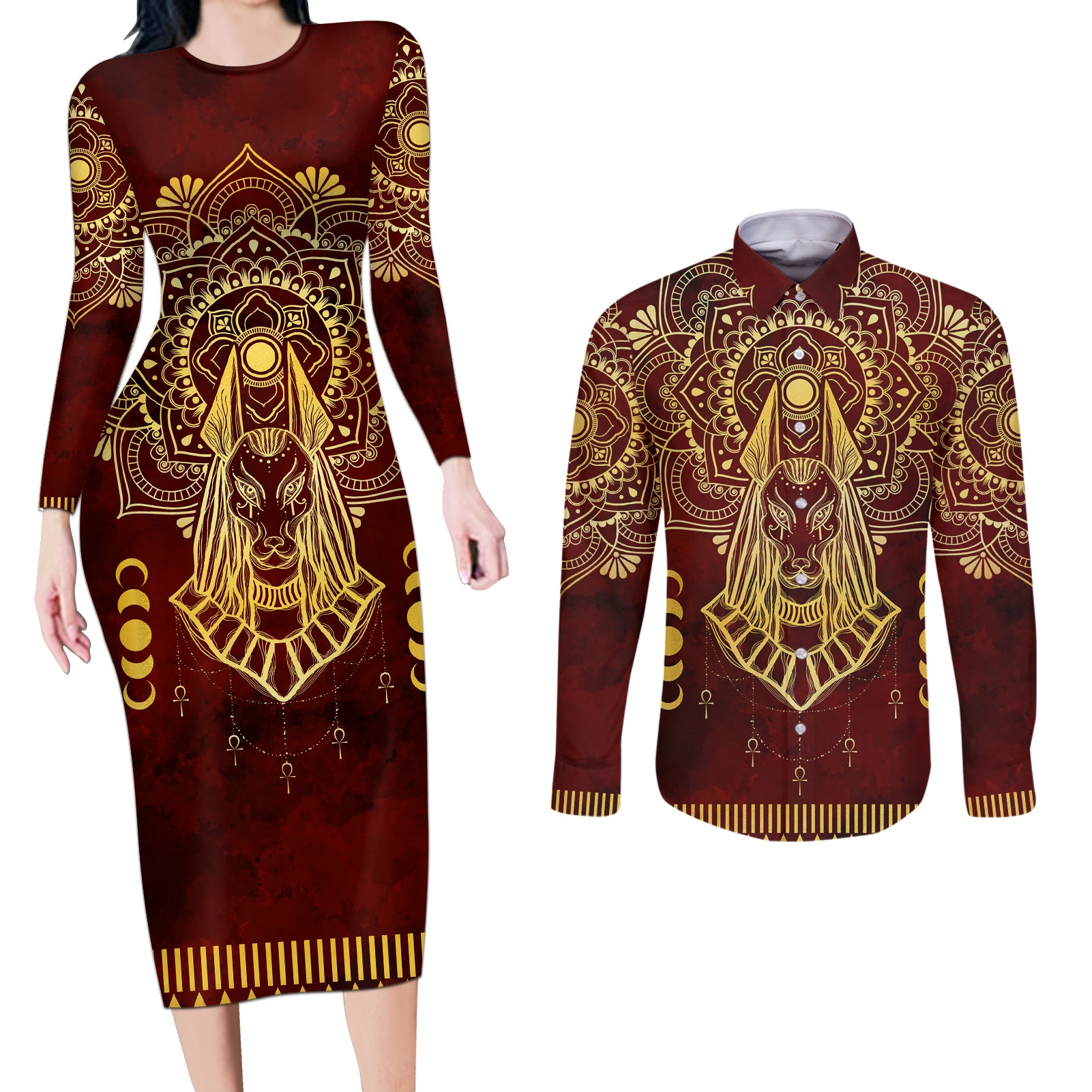 Personalized Anubis Couples Matching Long Sleeve Bodycon Dress and Long Sleeve Button Shirt Ancient Egyptian Pattern In Red