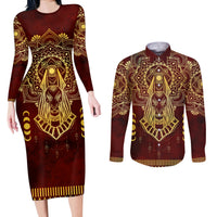 Personalized Anubis Couples Matching Long Sleeve Bodycon Dress and Long Sleeve Button Shirt Ancient Egyptian Pattern In Red - Wonder Print Shop