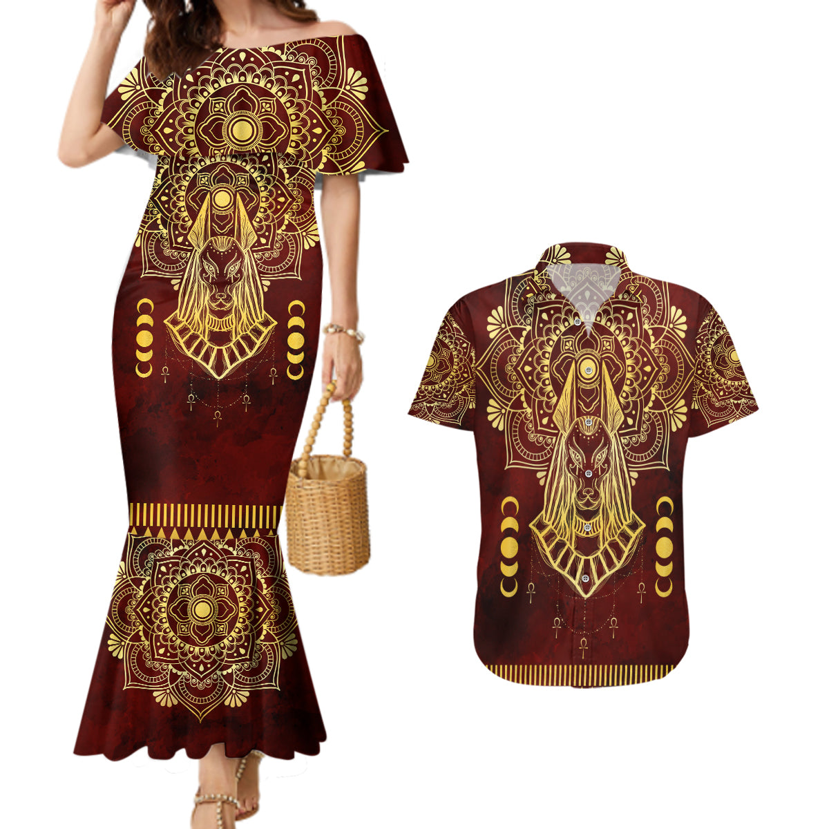 Personalized Anubis Couples Matching Mermaid Dress and Hawaiian Shirt Ancient Egyptian Pattern In Red