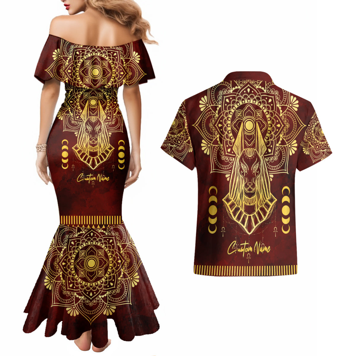 Personalized Anubis Couples Matching Mermaid Dress and Hawaiian Shirt Ancient Egyptian Pattern In Red - Wonder Print Shop