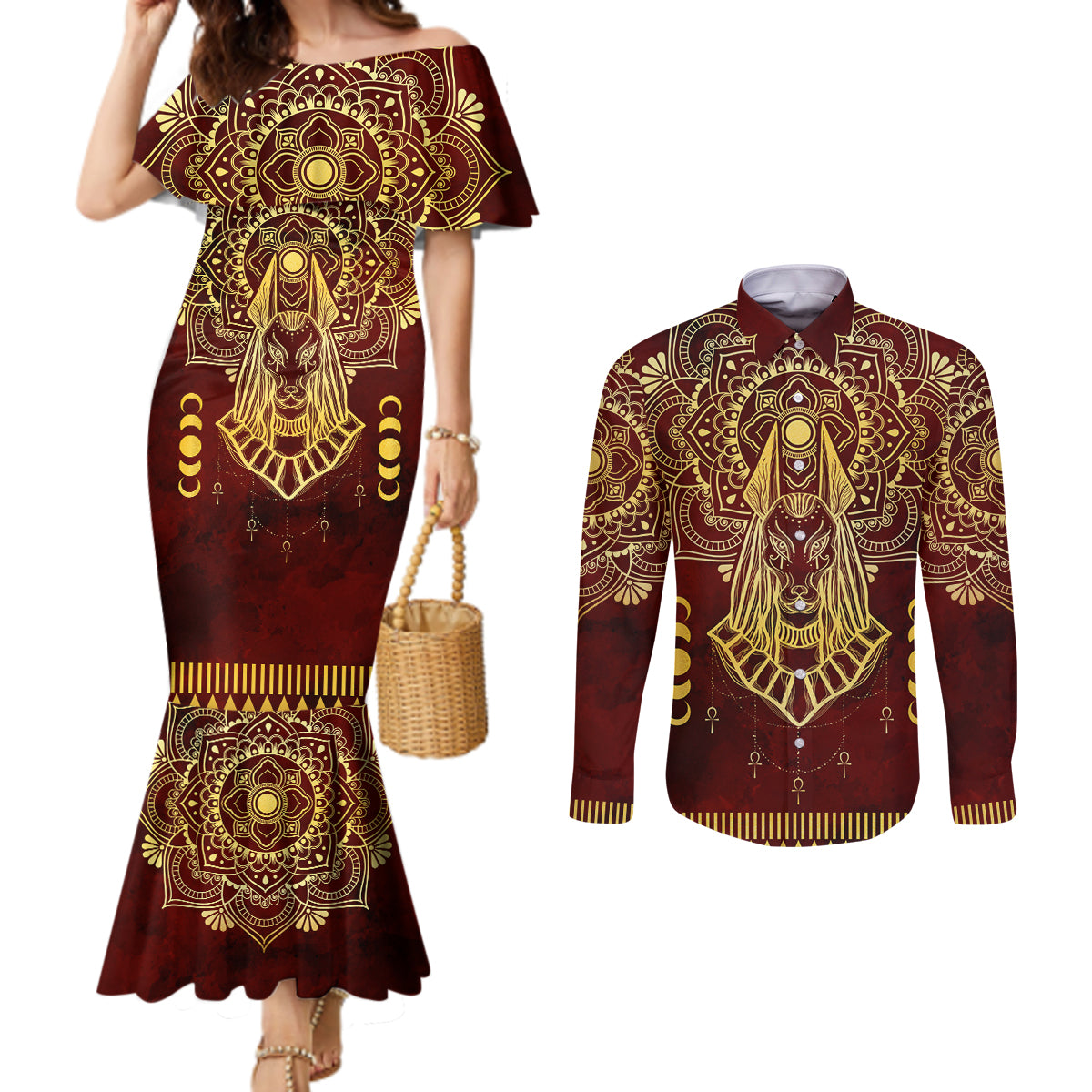 Personalized Anubis Couples Matching Mermaid Dress and Long Sleeve Button Shirt Ancient Egyptian Pattern In Red