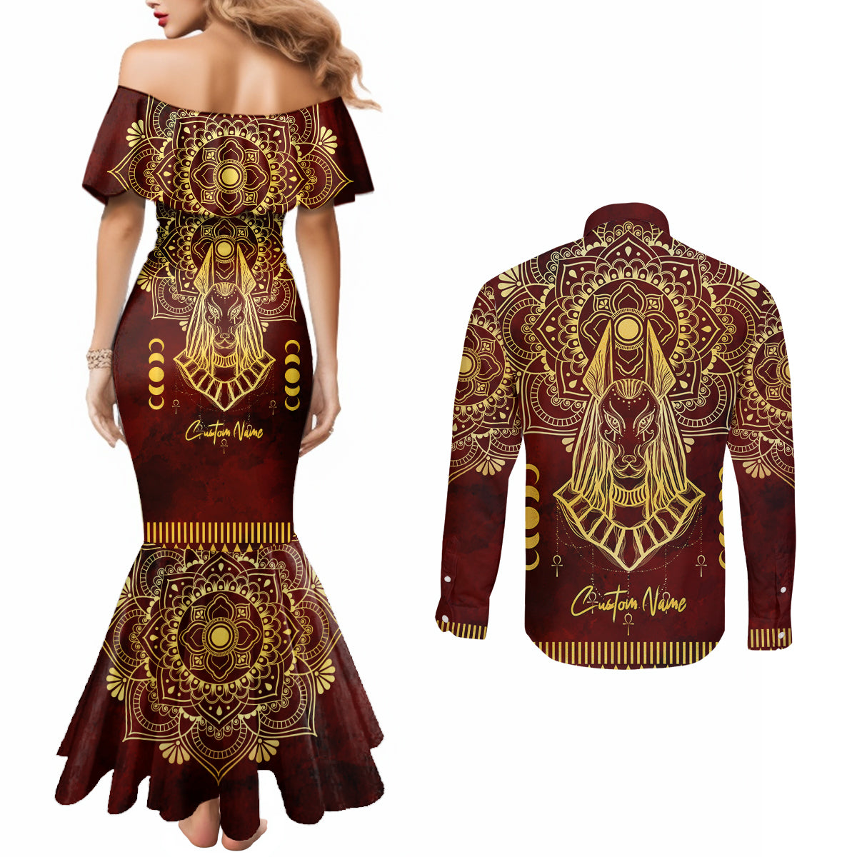 Personalized Anubis Couples Matching Mermaid Dress and Long Sleeve Button Shirt Ancient Egyptian Pattern In Red