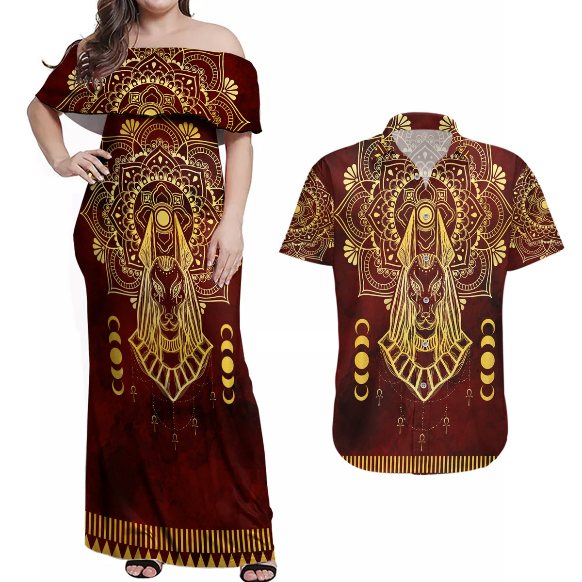 Personalized Anubis Couples Matching Off Shoulder Maxi Dress and Hawaiian Shirt Ancient Egyptian Pattern In Red - Wonder Print Shop
