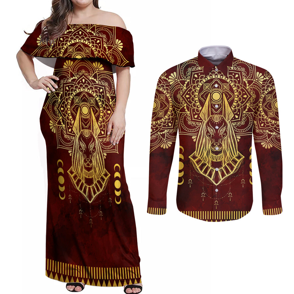 Personalized Anubis Couples Matching Off Shoulder Maxi Dress and Long Sleeve Button Shirt Ancient Egyptian Pattern In Red - Wonder Print Shop