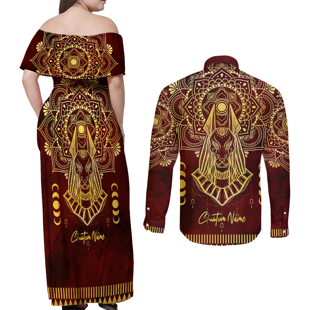 Personalized Anubis Couples Matching Off Shoulder Maxi Dress and Long Sleeve Button Shirt Ancient Egyptian Pattern In Red - Wonder Print Shop
