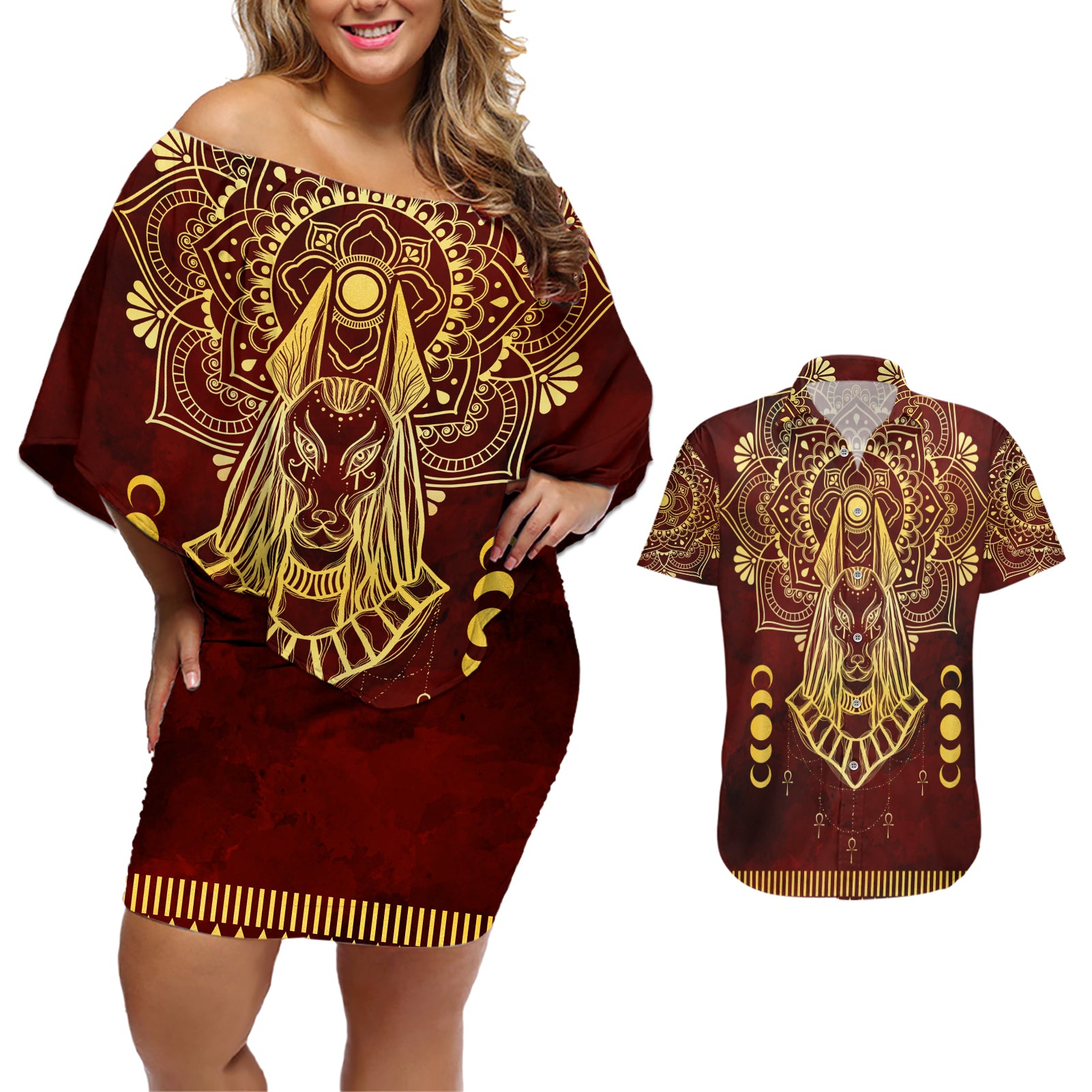 Personalized Anubis Couples Matching Off Shoulder Short Dress and Hawaiian Shirt Ancient Egyptian Pattern In Red