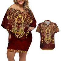 Personalized Anubis Couples Matching Off Shoulder Short Dress and Hawaiian Shirt Ancient Egyptian Pattern In Red - Wonder Print Shop