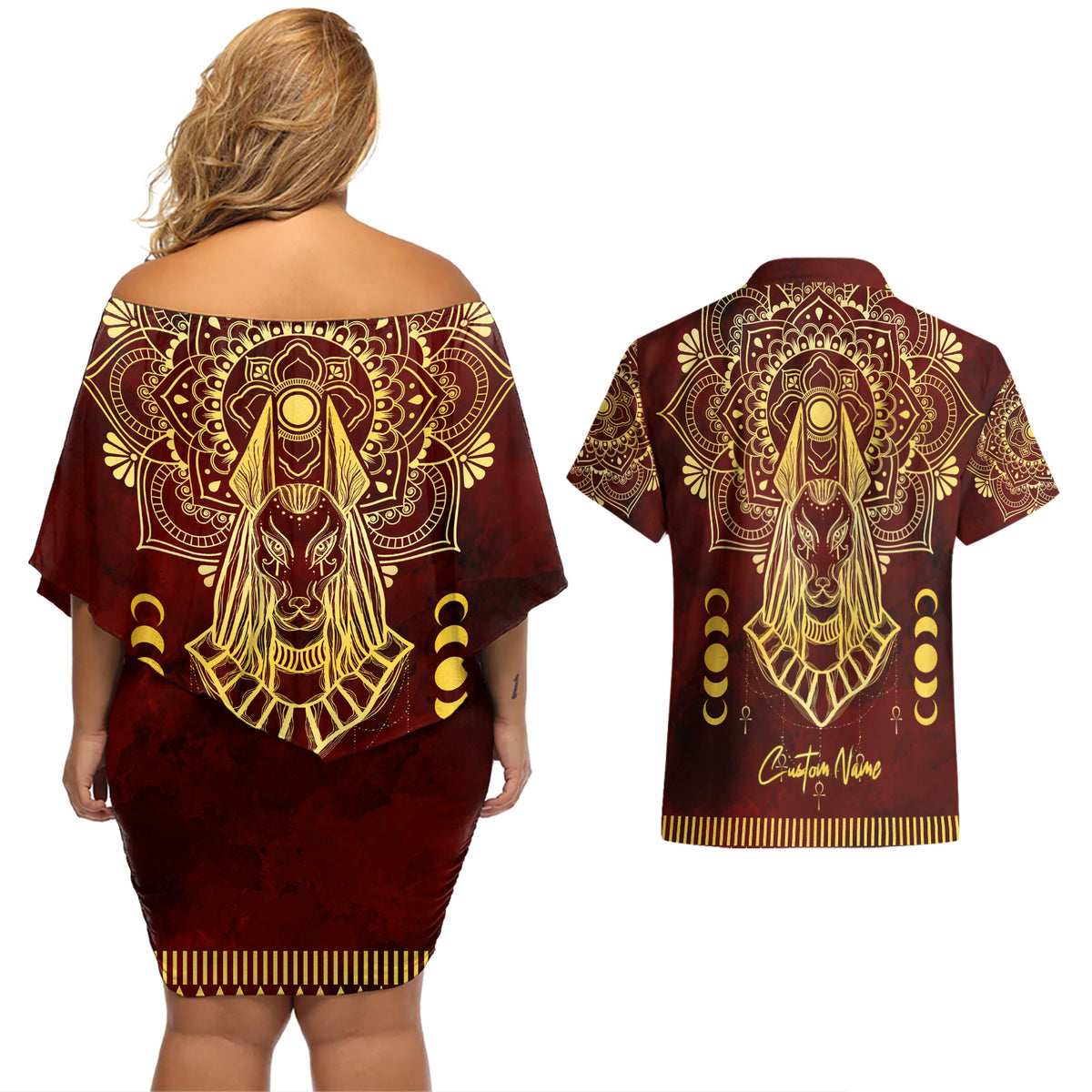 Personalized Anubis Couples Matching Off Shoulder Short Dress and Hawaiian Shirt Ancient Egyptian Pattern In Red - Wonder Print Shop